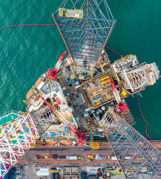 Drilling Rig top view, Aerial view of jack up rig with maintenance plant